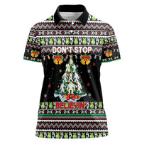Christmas Unicorn Women Polo Shirt with Don't Stop Believin Quote Tree Lights and Festive - Wonder Print Shop