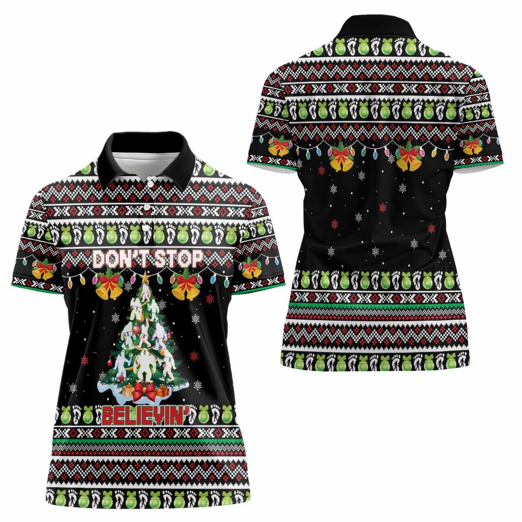 Christmas Unicorn Women Polo Shirt with Don't Stop Believin Quote Tree Lights and Festive - Wonder Print Shop