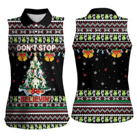 Christmas Unicorn Women Sleeveless Polo Shirt with Don't Stop Believin Quote Tree Lights and Festive - Wonder Print Shop