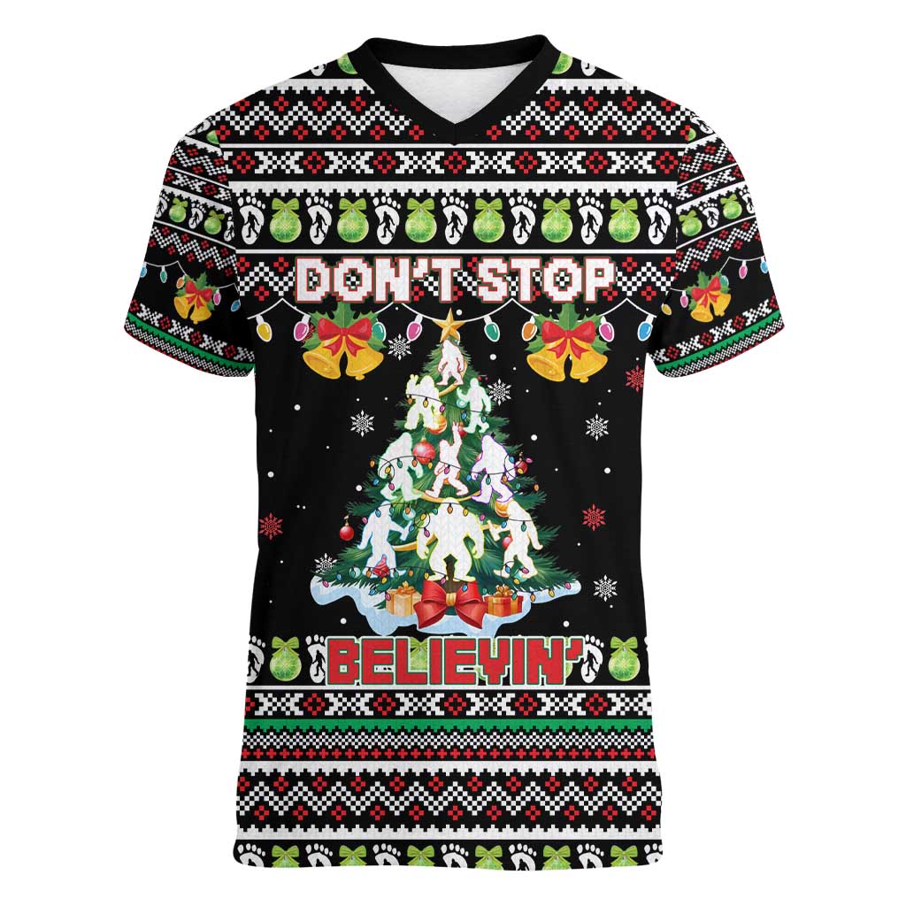 Christmas Unicorn Women V-Neck T-Shirt with Don't Stop Believin Quote Tree Lights and Festive - Wonder Print Shop