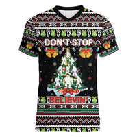 Christmas Unicorn Women V-Neck T-Shirt with Don't Stop Believin Quote Tree Lights and Festive - Wonder Print Shop