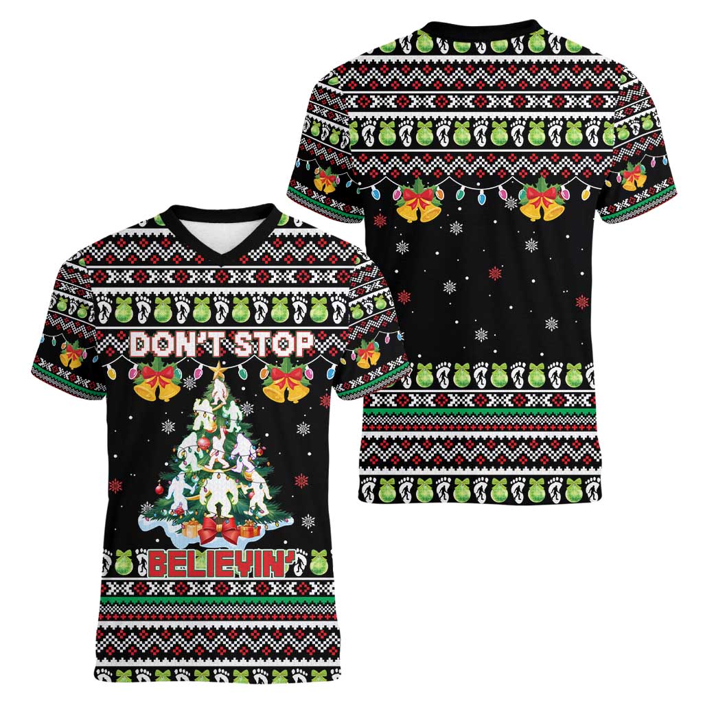 Christmas Unicorn Women V-Neck T-Shirt with Don't Stop Believin Quote Tree Lights and Festive - Wonder Print Shop