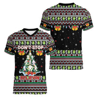 Christmas Unicorn Women V-Neck T-Shirt with Don't Stop Believin Quote Tree Lights and Festive - Wonder Print Shop
