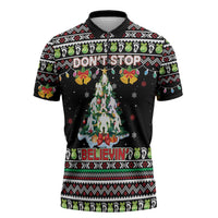 Christmas Unicorn Zipper Polo Shirt with Don't Stop Believin Quote Tree Lights and Festive - Wonder Print Shop