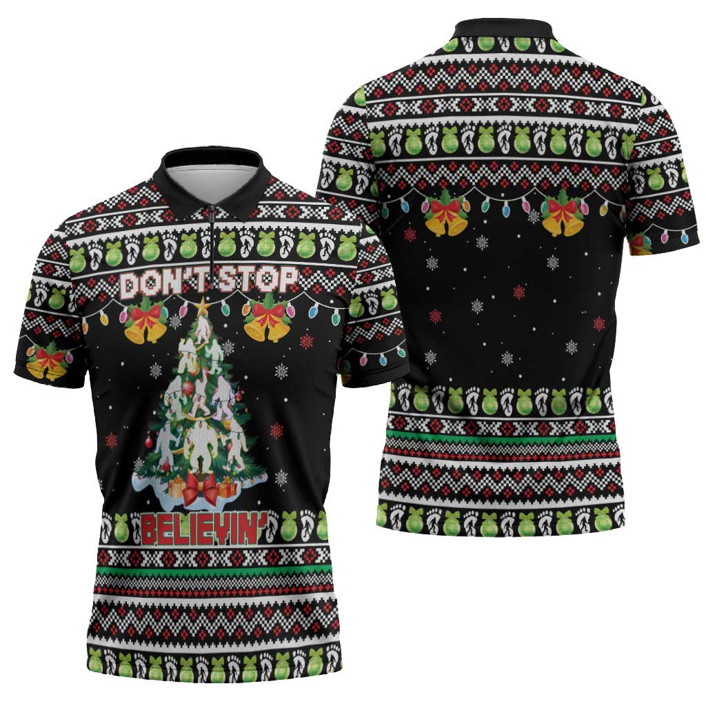 Christmas Unicorn Zipper Polo Shirt with Don't Stop Believin Quote Tree Lights and Festive - Wonder Print Shop