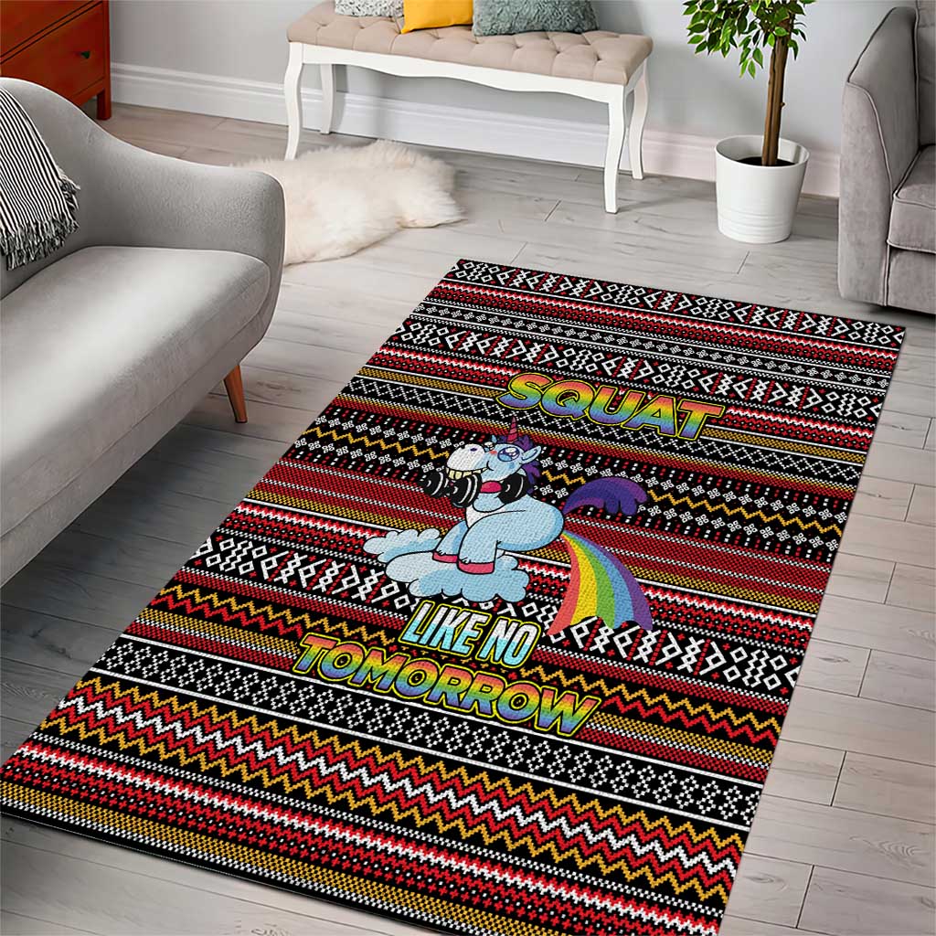 Funny Unicorn Workout Area Rug with Squat Like No Tomorrow Quote and Rainbow Tribal - Wonder Print Shop