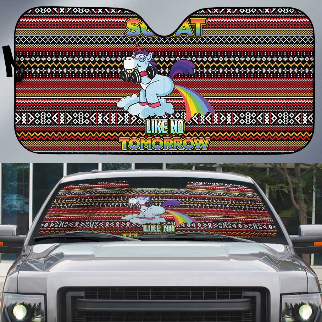 Funny Unicorn Workout Auto Sun Shade with Squat Like No Tomorrow Quote and Rainbow Tribal - Wonder Print Shop
