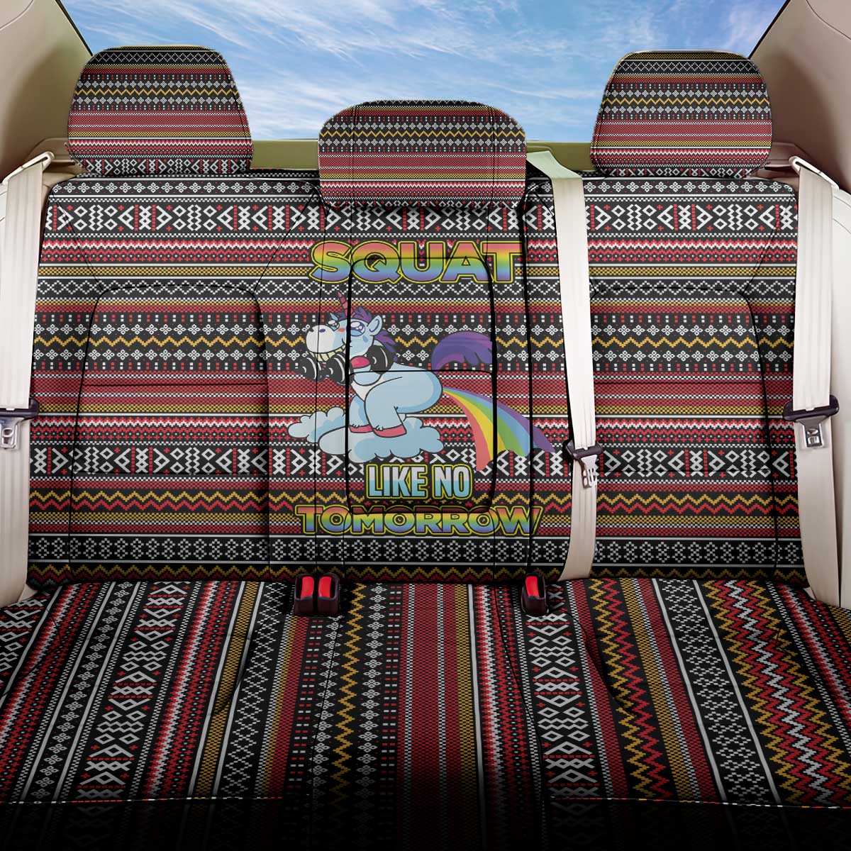 Funny Unicorn Workout Back Car Seat Cover with Squat Like No Tomorrow Quote and Rainbow Tribal - Wonder Print Shop