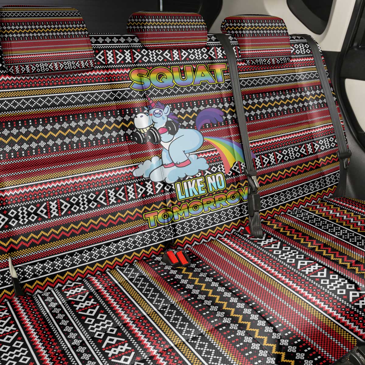 Funny Unicorn Workout Back Car Seat Cover with Squat Like No Tomorrow Quote and Rainbow Tribal - Wonder Print Shop