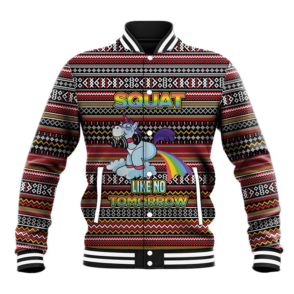 Funny Unicorn Workout Baseball Jacket with Squat Like No Tomorrow Quote and Rainbow Tribal - Wonder Print Shop