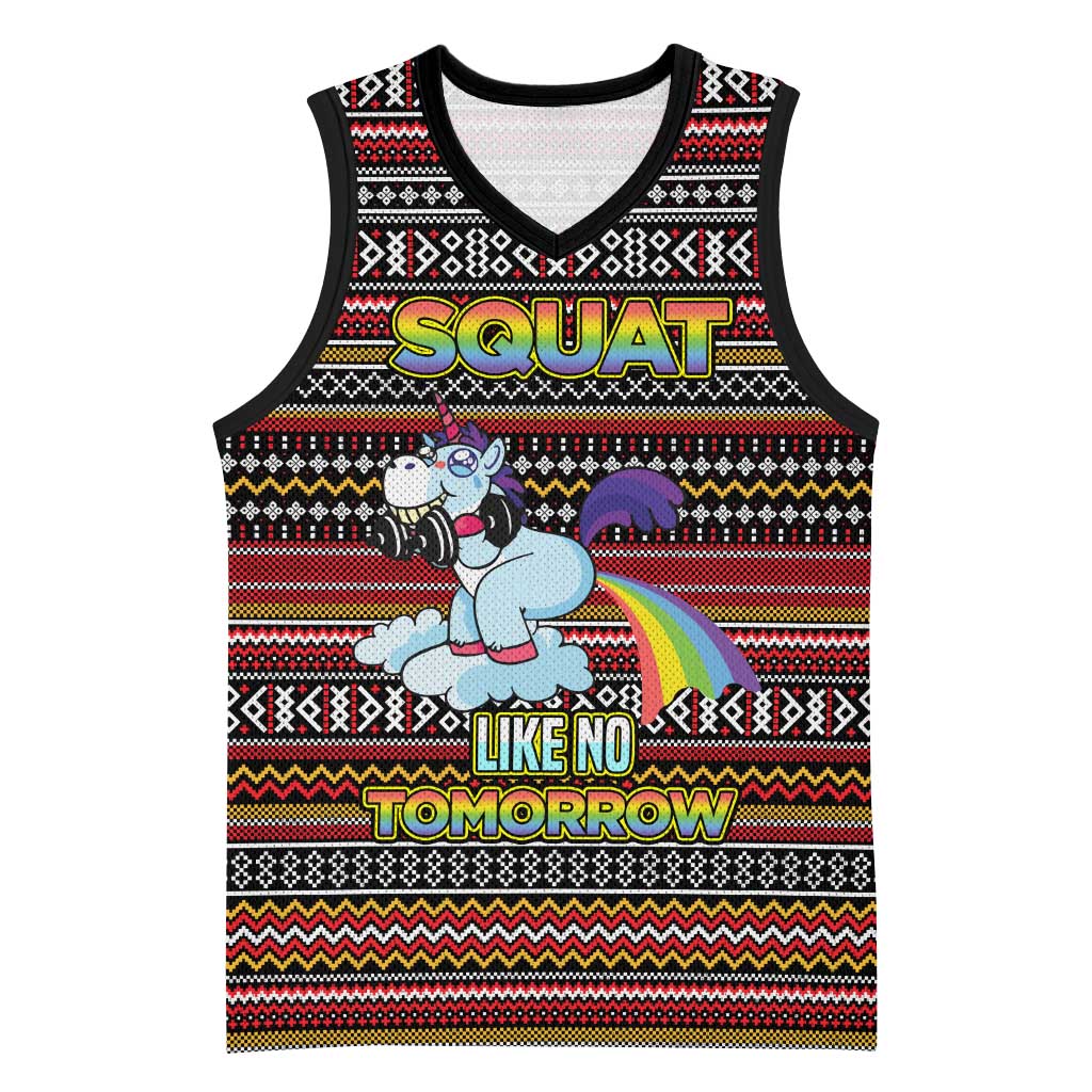Funny Unicorn Workout Basketball Jersey with Squat Like No Tomorrow Quote and Rainbow Tribal - Wonder Print Shop