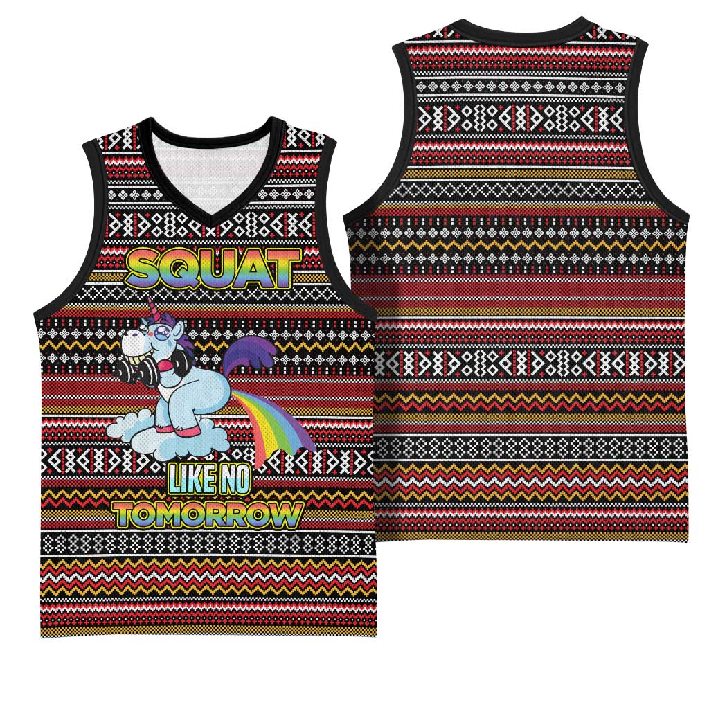 Funny Unicorn Workout Basketball Jersey with Squat Like No Tomorrow Quote and Rainbow Tribal - Wonder Print Shop
