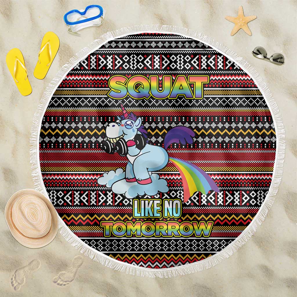 Funny Unicorn Workout Beach Blanket with Squat Like No Tomorrow Quote and Rainbow Tribal - Wonder Print Shop
