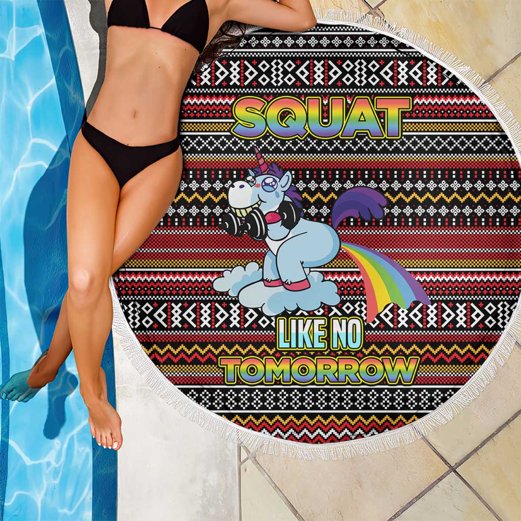 Funny Unicorn Workout Beach Blanket with Squat Like No Tomorrow Quote and Rainbow Tribal - Wonder Print Shop