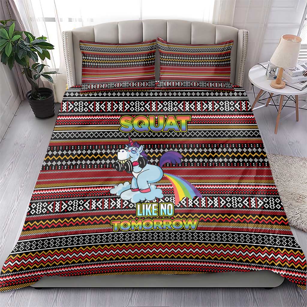 Funny Unicorn Workout Bedding Set with Squat Like No Tomorrow Quote and Rainbow Tribal - Wonder Print Shop
