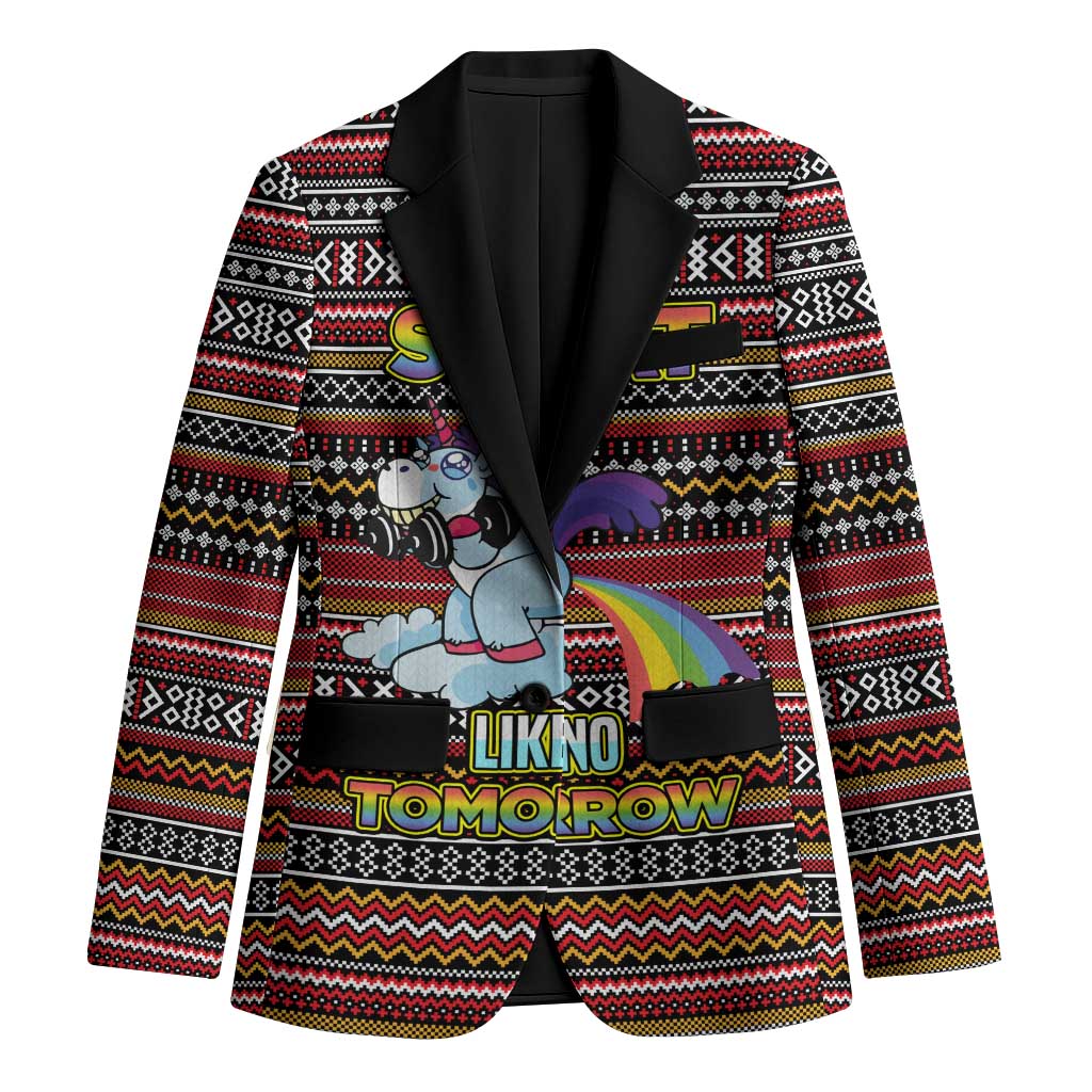 Funny Unicorn Workout Blazer with Squat Like No Tomorrow Quote and Rainbow Tribal - Wonder Print Shop