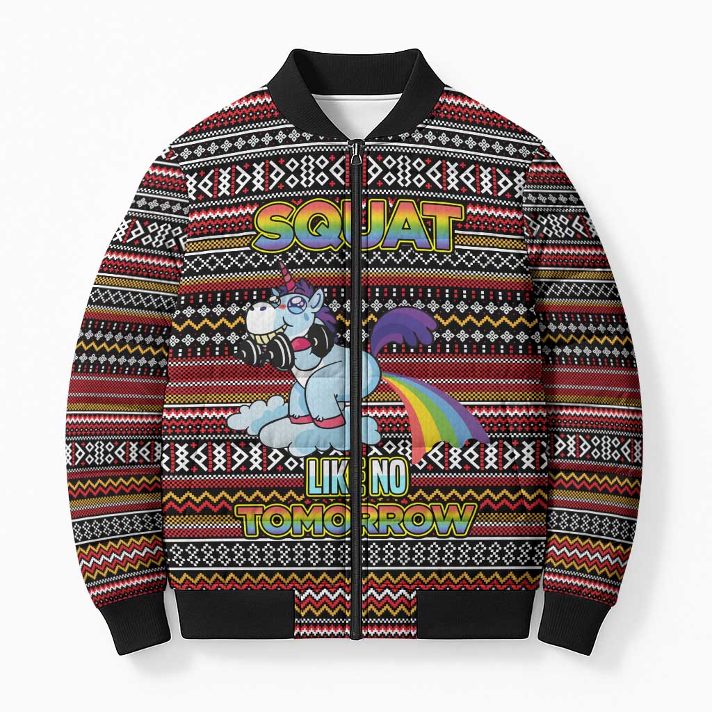 Funny Unicorn Workout Bomber Puffer Jacket with Squat Like No Tomorrow Quote and Rainbow Tribal - Wonder Print Shop