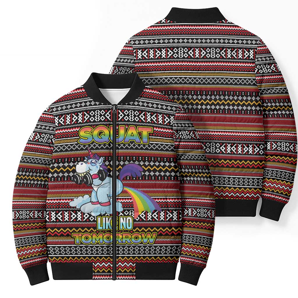 Funny Unicorn Workout Bomber Puffer Jacket with Squat Like No Tomorrow Quote and Rainbow Tribal - Wonder Print Shop