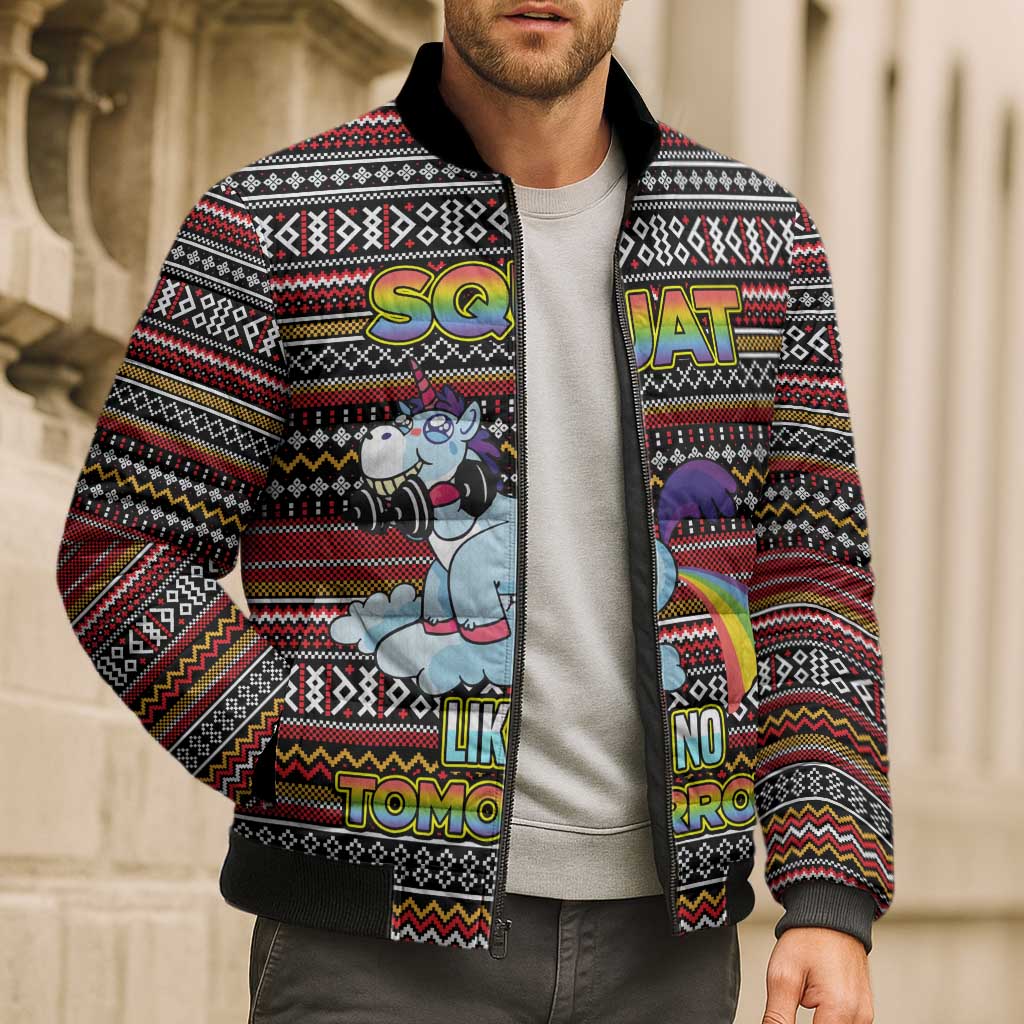 Funny Unicorn Workout Bomber Puffer Jacket with Squat Like No Tomorrow Quote and Rainbow Tribal - Wonder Print Shop