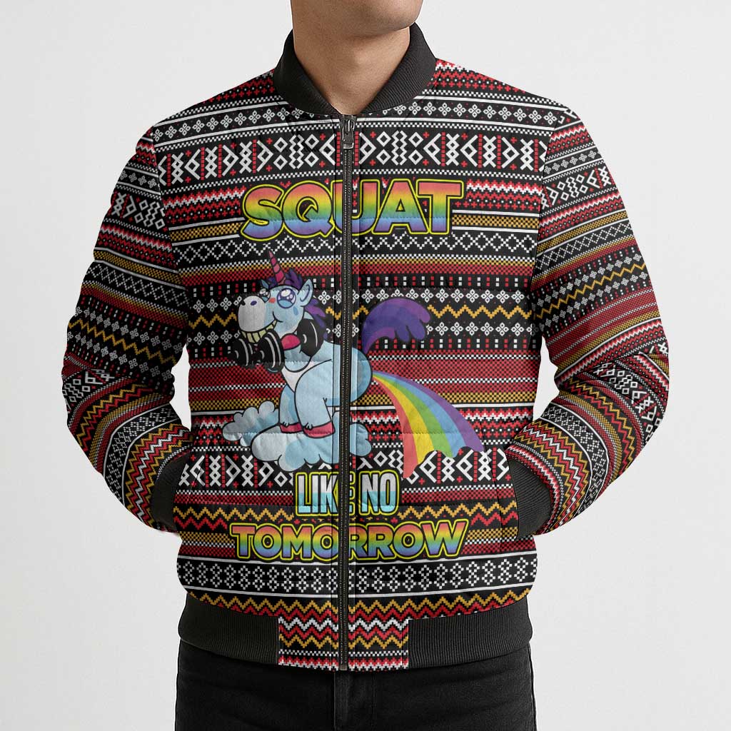 Funny Unicorn Workout Bomber Puffer Jacket with Squat Like No Tomorrow Quote and Rainbow Tribal - Wonder Print Shop