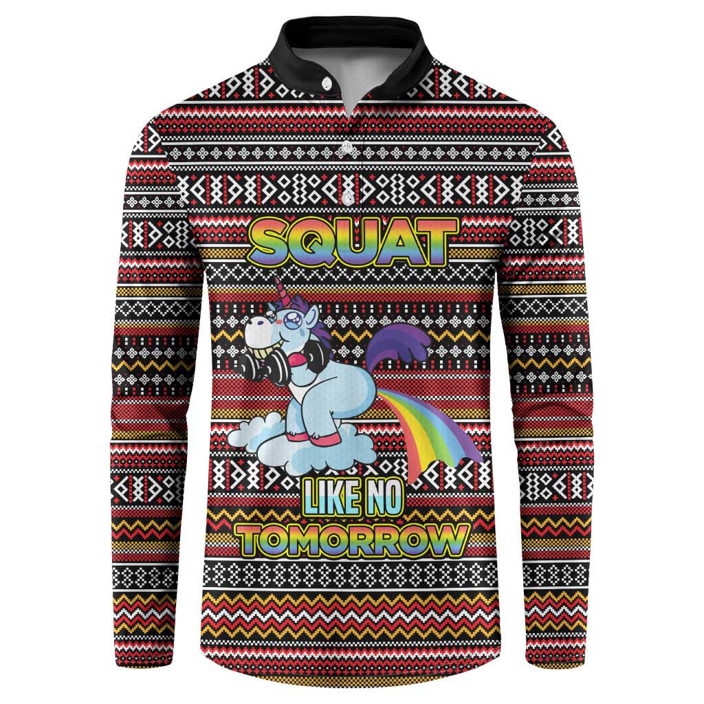 Funny Unicorn Workout Button Sweatshirt with Squat Like No Tomorrow Quote and Rainbow Tribal - Wonder Print Shop