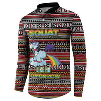 Funny Unicorn Workout Button Sweatshirt with Squat Like No Tomorrow Quote and Rainbow Tribal - Wonder Print Shop