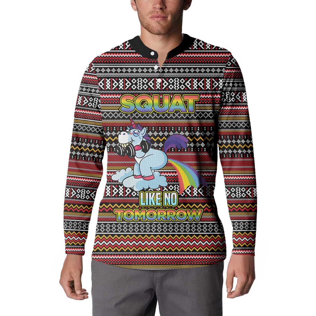Funny Unicorn Workout Button Sweatshirt with Squat Like No Tomorrow Quote and Rainbow Tribal - Wonder Print Shop