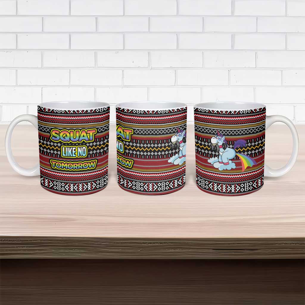 Funny Unicorn Workout Ceramic Mug with Squat Like No Tomorrow Quote and Rainbow Tribal - Wonder Print Shop