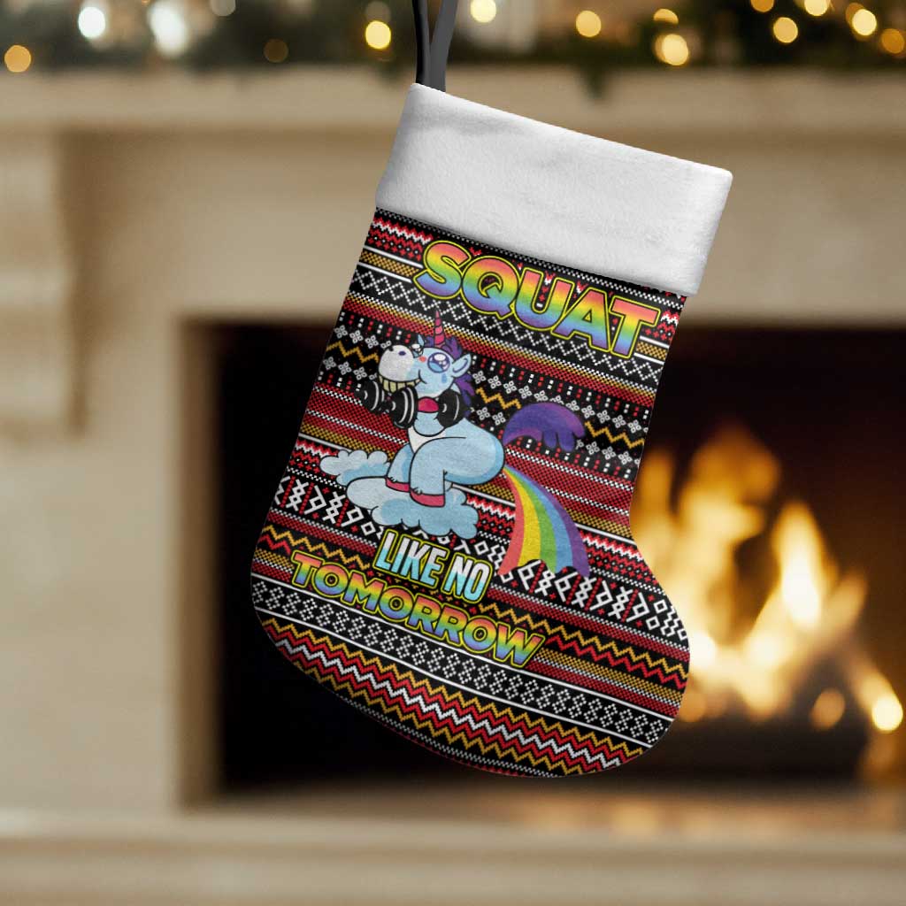 Funny Unicorn Workout Christmas Stocking with Squat Like No Tomorrow Quote and Rainbow Tribal - Wonder Print Shop