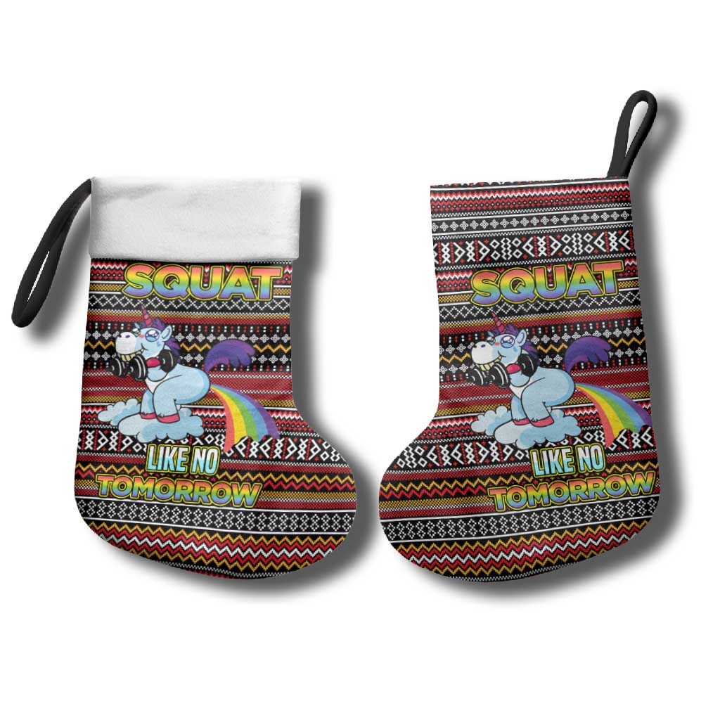 Funny Unicorn Workout Christmas Stocking with Squat Like No Tomorrow Quote and Rainbow Tribal - Wonder Print Shop