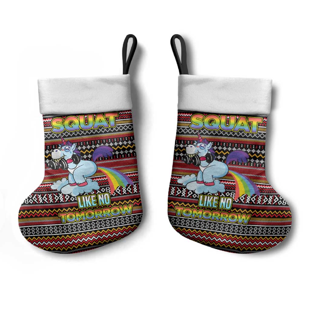 Funny Unicorn Workout Christmas Stocking with Squat Like No Tomorrow Quote and Rainbow Tribal - Wonder Print Shop