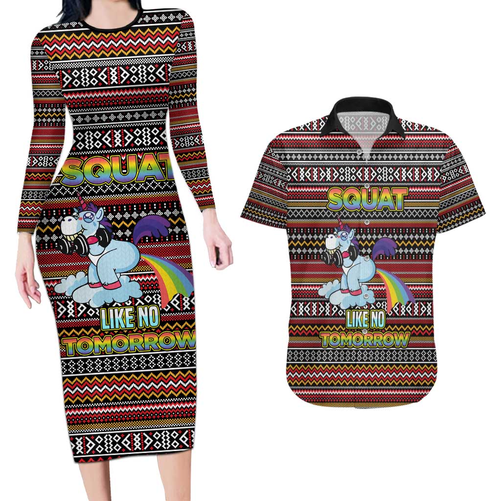 Funny Unicorn Workout Couples Matching Long Sleeve Bodycon Dress and Hawaiian Shirt with Squat Like No Tomorrow Quote and Rainbow Tribal - Wonder Print Shop