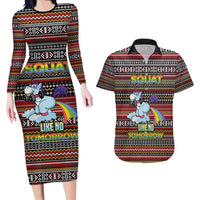 Funny Unicorn Workout Couples Matching Long Sleeve Bodycon Dress and Hawaiian Shirt with Squat Like No Tomorrow Quote and Rainbow Tribal - Wonder Print Shop