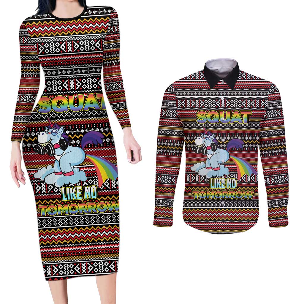 Funny Unicorn Workout Couples Matching Long Sleeve Bodycon Dress and Long Sleeve Button Shirt with Squat Like No Tomorrow Quote and Rainbow Tribal - Wonder Print Shop