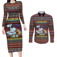 Funny Unicorn Workout Couples Matching Long Sleeve Bodycon Dress and Long Sleeve Button Shirt with Squat Like No Tomorrow Quote and Rainbow Tribal - Wonder Print Shop
