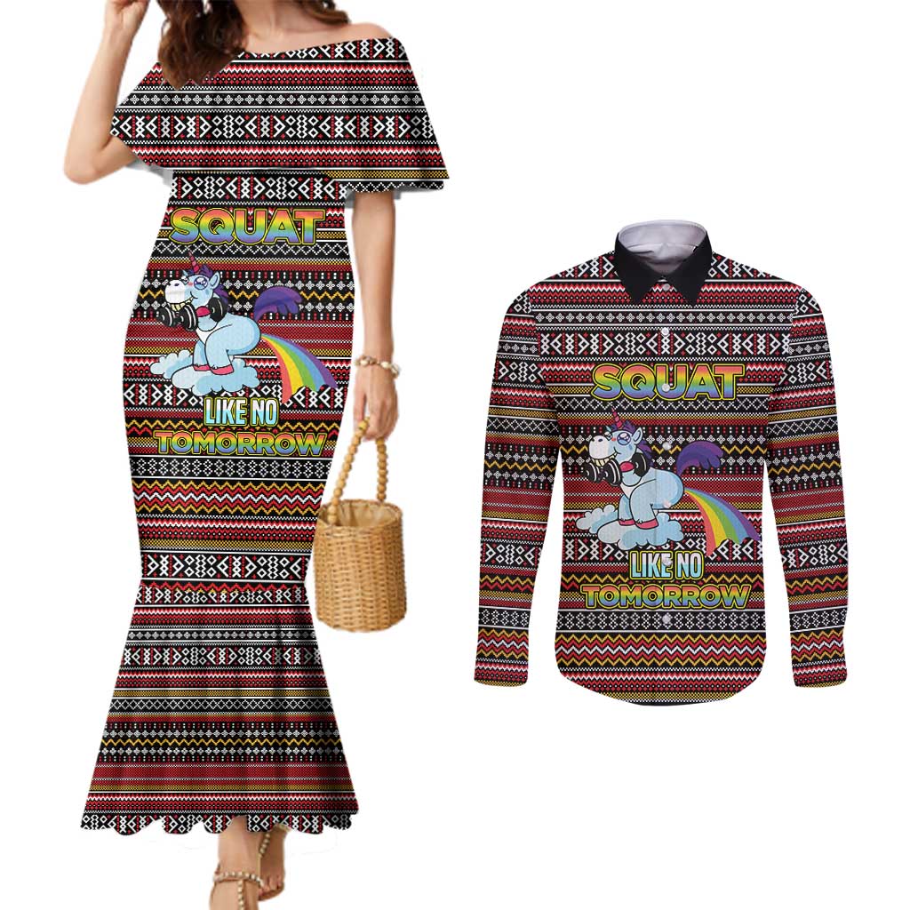 Funny Unicorn Workout Couples Matching Mermaid Dress and Long Sleeve Button Shirt with Squat Like No Tomorrow Quote and Rainbow Tribal - Wonder Print Shop