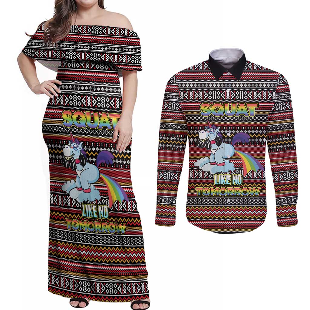 Funny Unicorn Workout Couples Matching Off Shoulder Maxi Dress and Long Sleeve Button Shirt with Squat Like No Tomorrow Quote and Rainbow Tribal - Wonder Print Shop