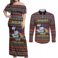 Funny Unicorn Workout Couples Matching Off Shoulder Maxi Dress and Long Sleeve Button Shirt with Squat Like No Tomorrow Quote and Rainbow Tribal - Wonder Print Shop