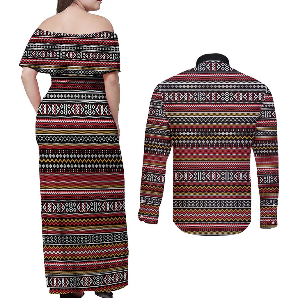 Funny Unicorn Workout Couples Matching Off Shoulder Maxi Dress and Long Sleeve Button Shirt with Squat Like No Tomorrow Quote and Rainbow Tribal - Wonder Print Shop