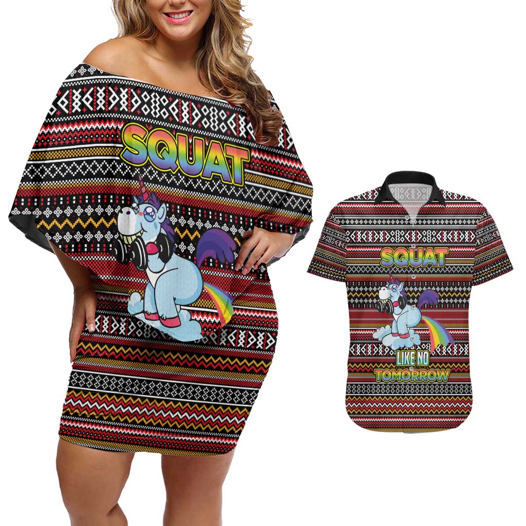 Funny Unicorn Workout Couples Matching Off Shoulder Short Dress and Hawaiian Shirt with Squat Like No Tomorrow Quote and Rainbow Tribal - Wonder Print Shop
