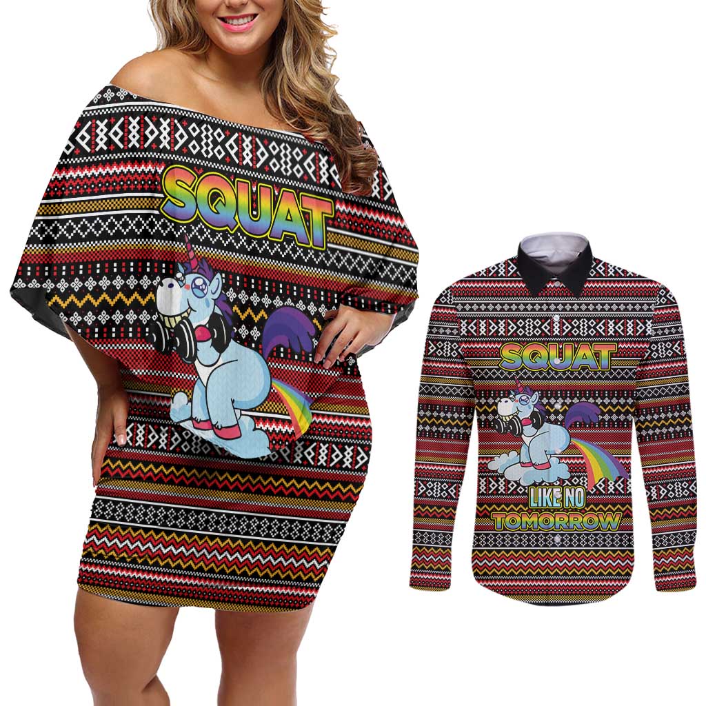 Funny Unicorn Workout Couples Matching Off Shoulder Short Dress and Long Sleeve Button Shirt with Squat Like No Tomorrow Quote and Rainbow Tribal - Wonder Print Shop