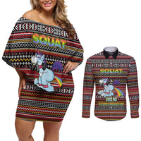 Funny Unicorn Workout Couples Matching Off Shoulder Short Dress and Long Sleeve Button Shirt with Squat Like No Tomorrow Quote and Rainbow Tribal - Wonder Print Shop