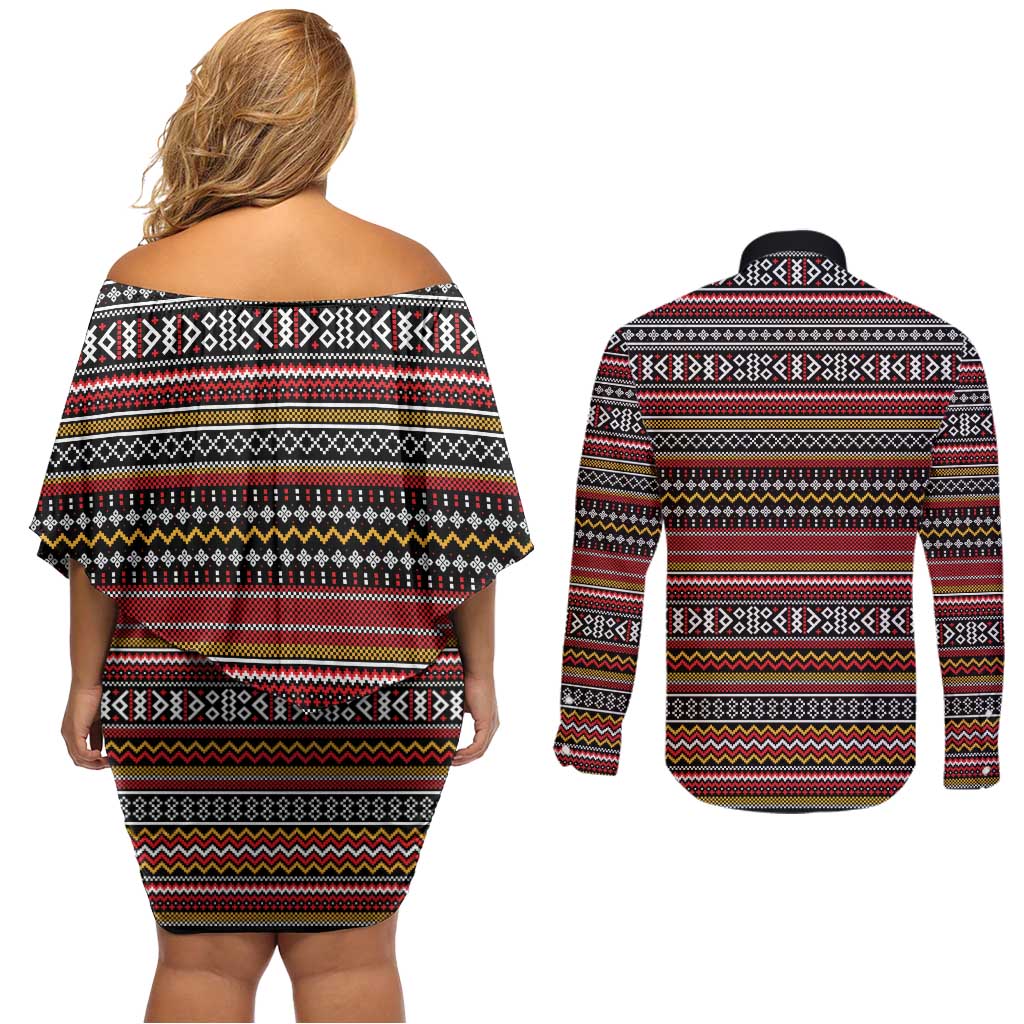 Funny Unicorn Workout Couples Matching Off Shoulder Short Dress and Long Sleeve Button Shirt with Squat Like No Tomorrow Quote and Rainbow Tribal - Wonder Print Shop
