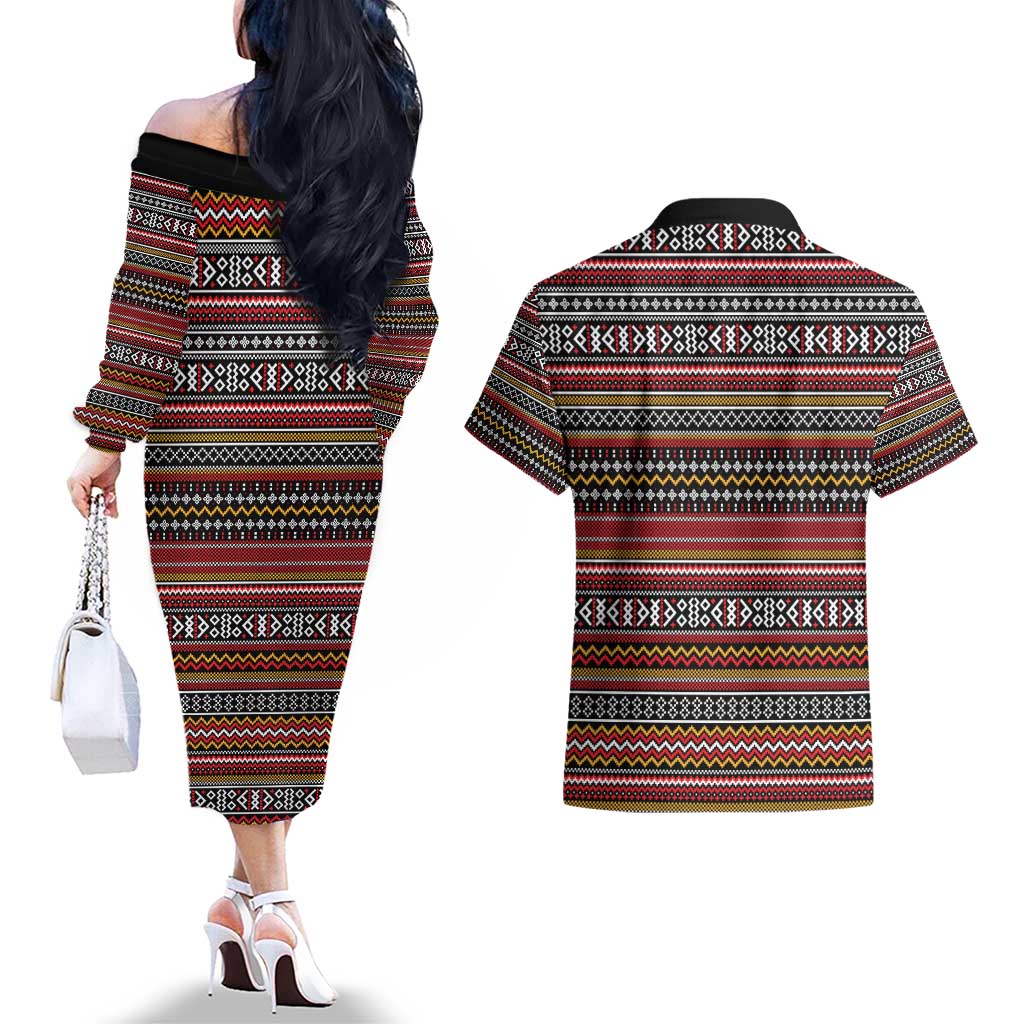 Funny Unicorn Workout Couples Matching Off The Shoulder Long Sleeve Dress and Hawaiian Shirt with Squat Like No Tomorrow Quote and Rainbow Tribal - Wonder Print Shop