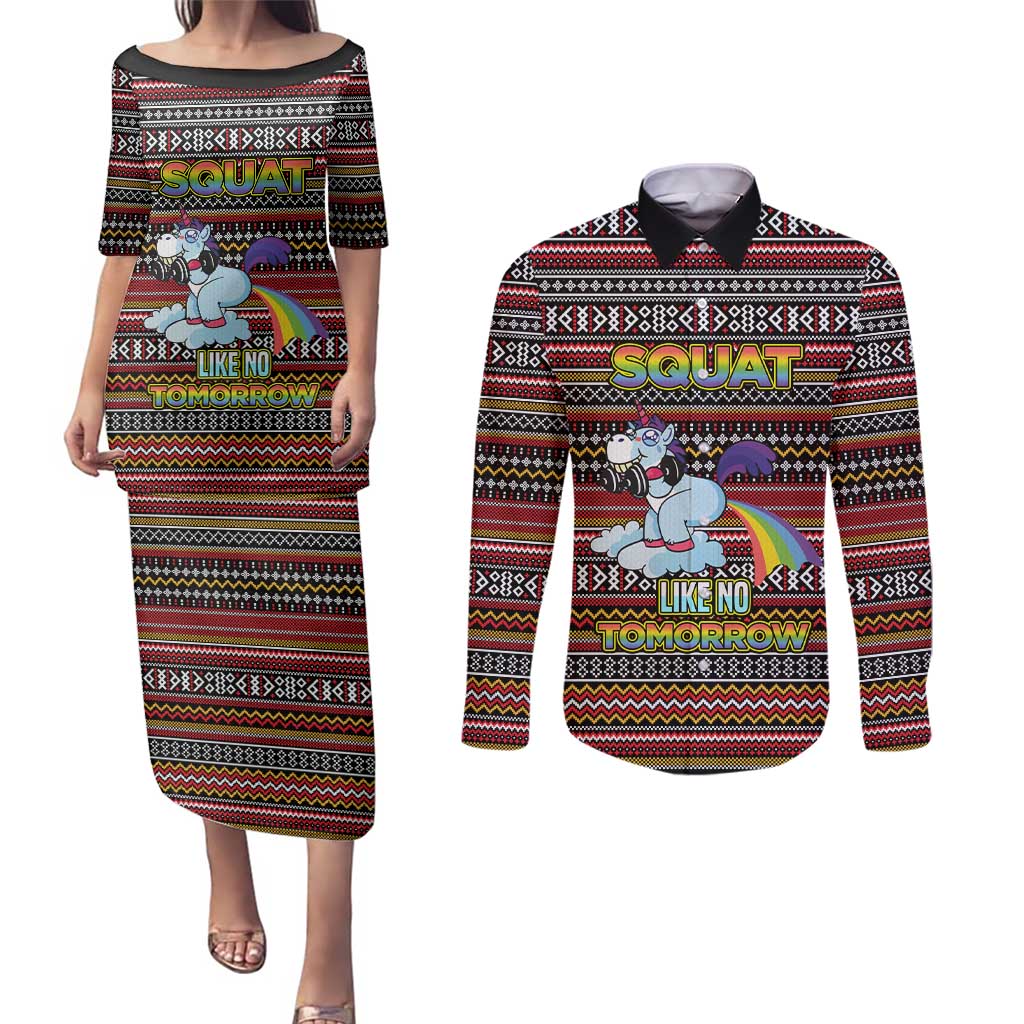 Funny Unicorn Workout Couples Matching Puletasi and Long Sleeve Button Shirt with Squat Like No Tomorrow Quote and Rainbow Tribal - Wonder Print Shop