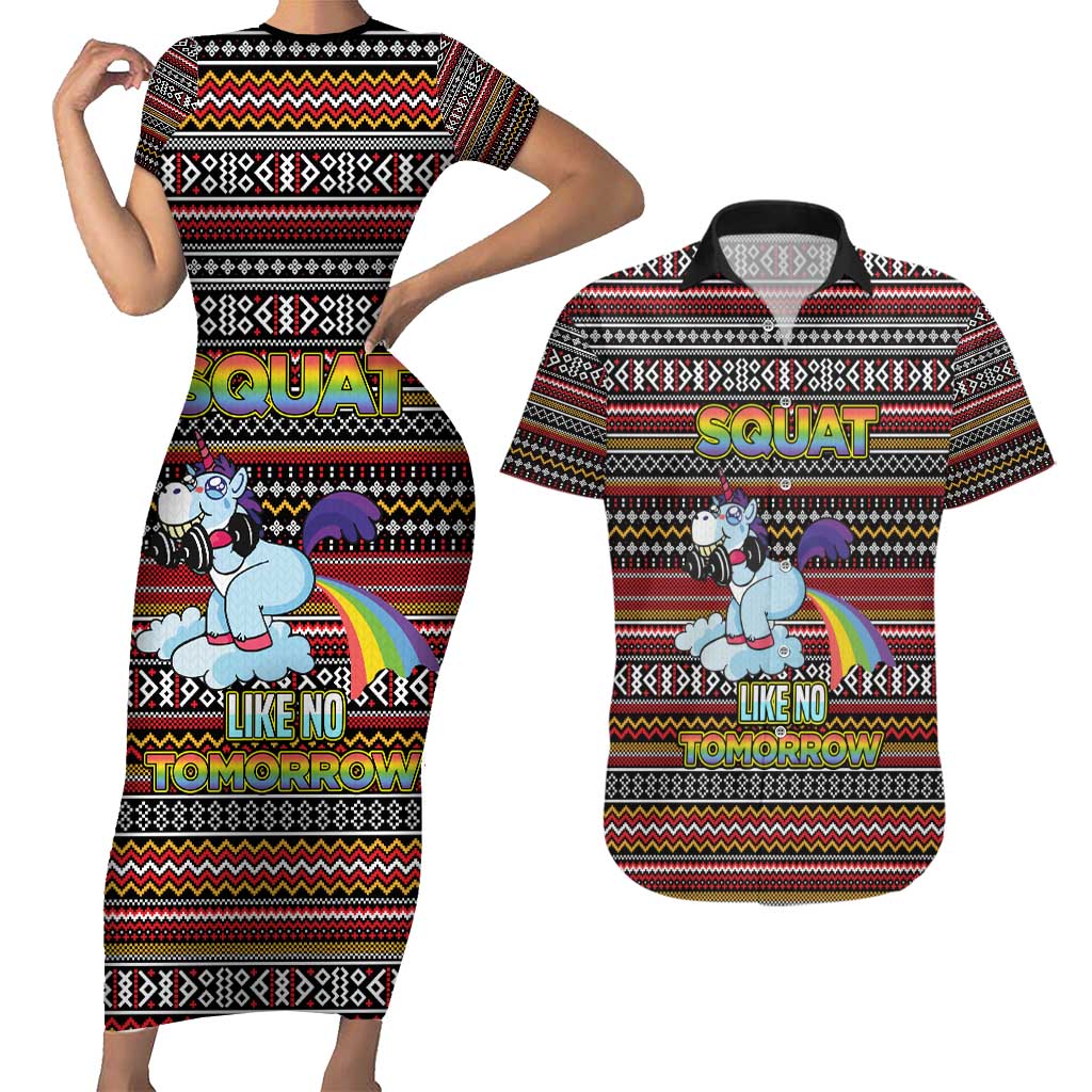 Funny Unicorn Workout Couples Matching Short Sleeve Bodycon Dress and Hawaiian Shirt with Squat Like No Tomorrow Quote and Rainbow Tribal - Wonder Print Shop