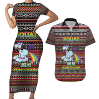 Funny Unicorn Workout Couples Matching Short Sleeve Bodycon Dress and Hawaiian Shirt with Squat Like No Tomorrow Quote and Rainbow Tribal - Wonder Print Shop