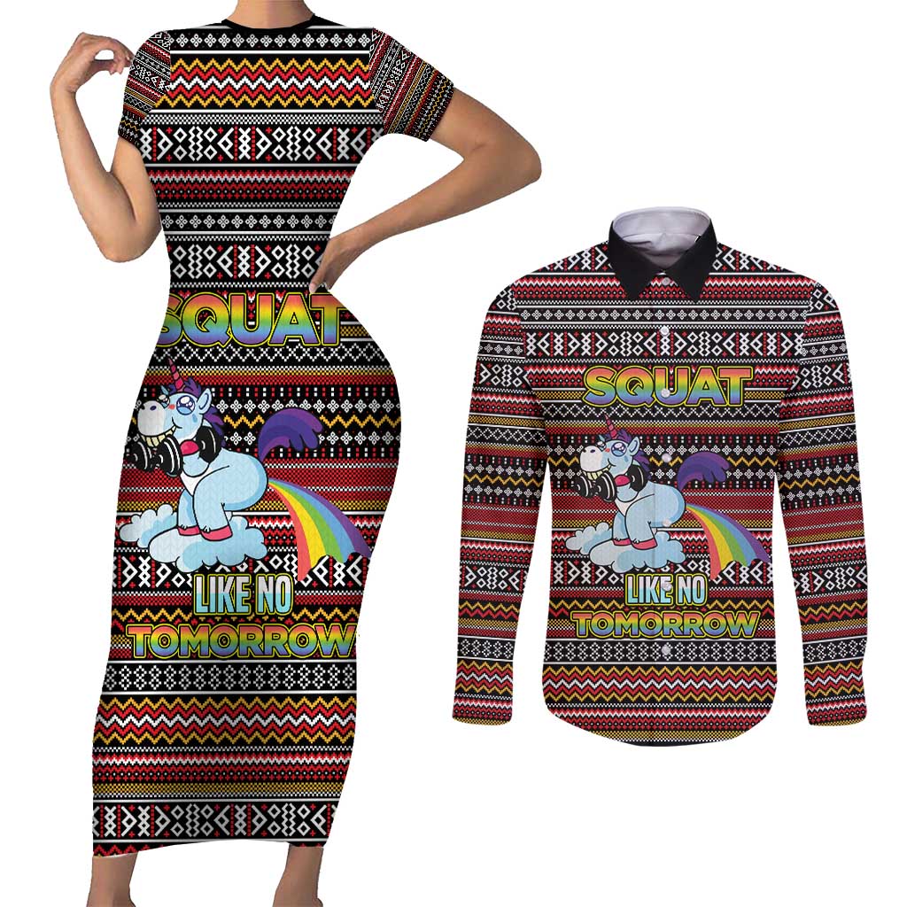 Funny Unicorn Workout Couples Matching Short Sleeve Bodycon Dress and Long Sleeve Button Shirt with Squat Like No Tomorrow Quote and Rainbow Tribal - Wonder Print Shop