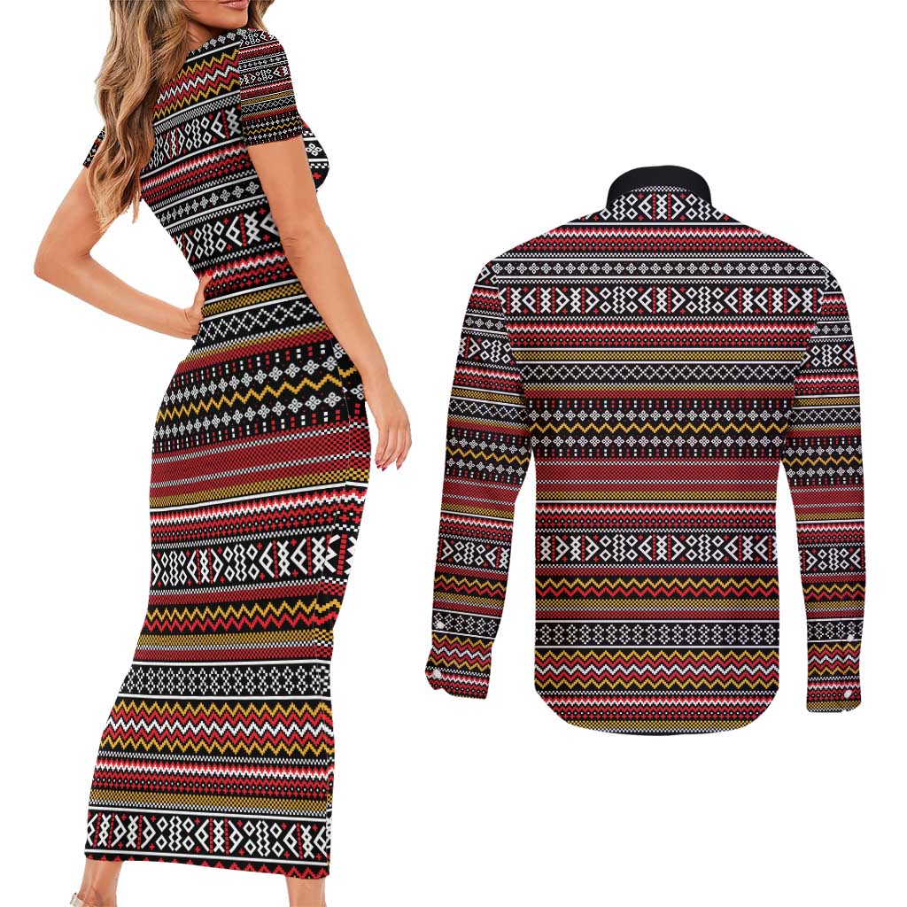Funny Unicorn Workout Couples Matching Short Sleeve Bodycon Dress and Long Sleeve Button Shirt with Squat Like No Tomorrow Quote and Rainbow Tribal - Wonder Print Shop