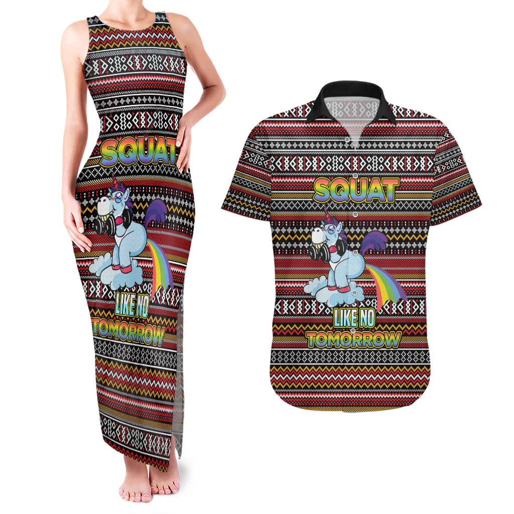 Funny Unicorn Workout Couples Matching Tank Maxi Dress and Hawaiian Shirt with Squat Like No Tomorrow Quote and Rainbow Tribal - Wonder Print Shop